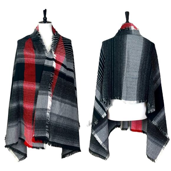 Merona Scarf Wrap Shawl Oblong Fringe Black Red White Plaid Women’s One Size - Picture 12 of 12